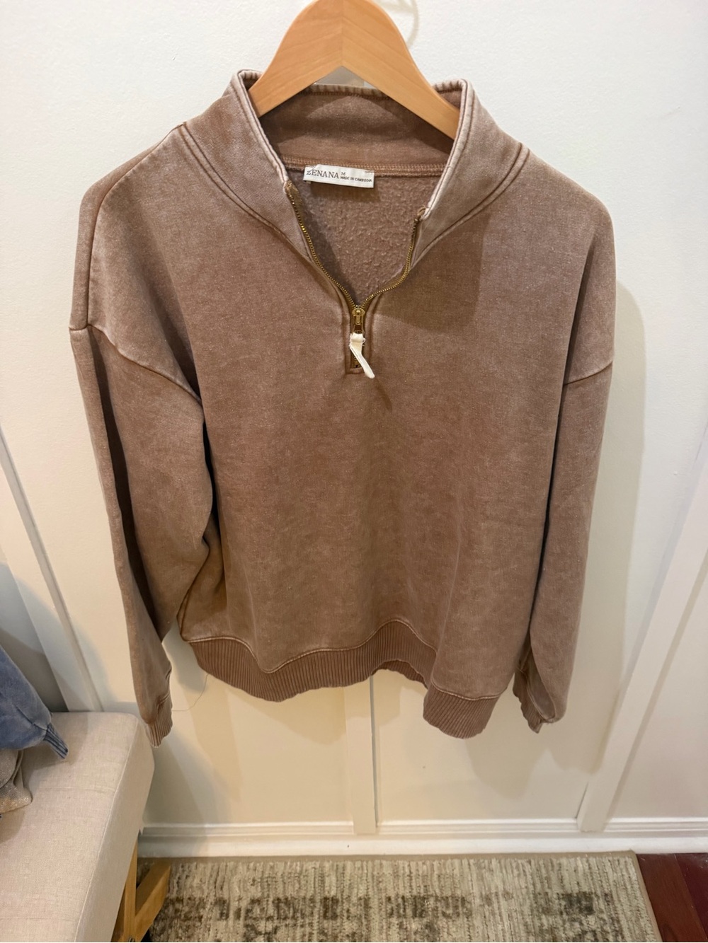 Zenana Outfitters Washed Taupe Brown Half-Zip Crewneck Sweater
